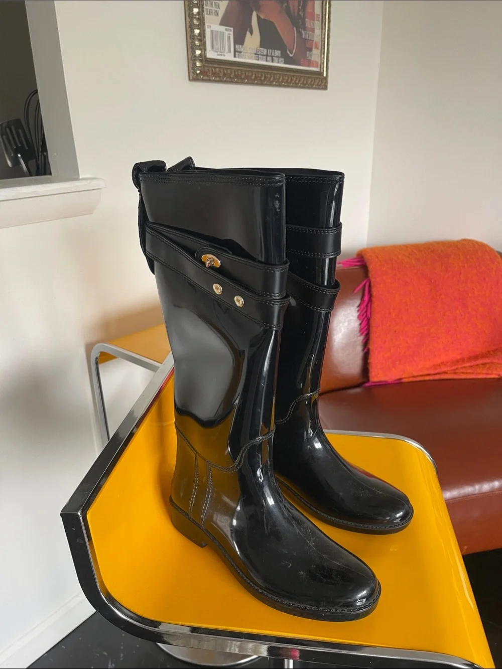 Coach Black Patent Rain Boots with Strap Detail